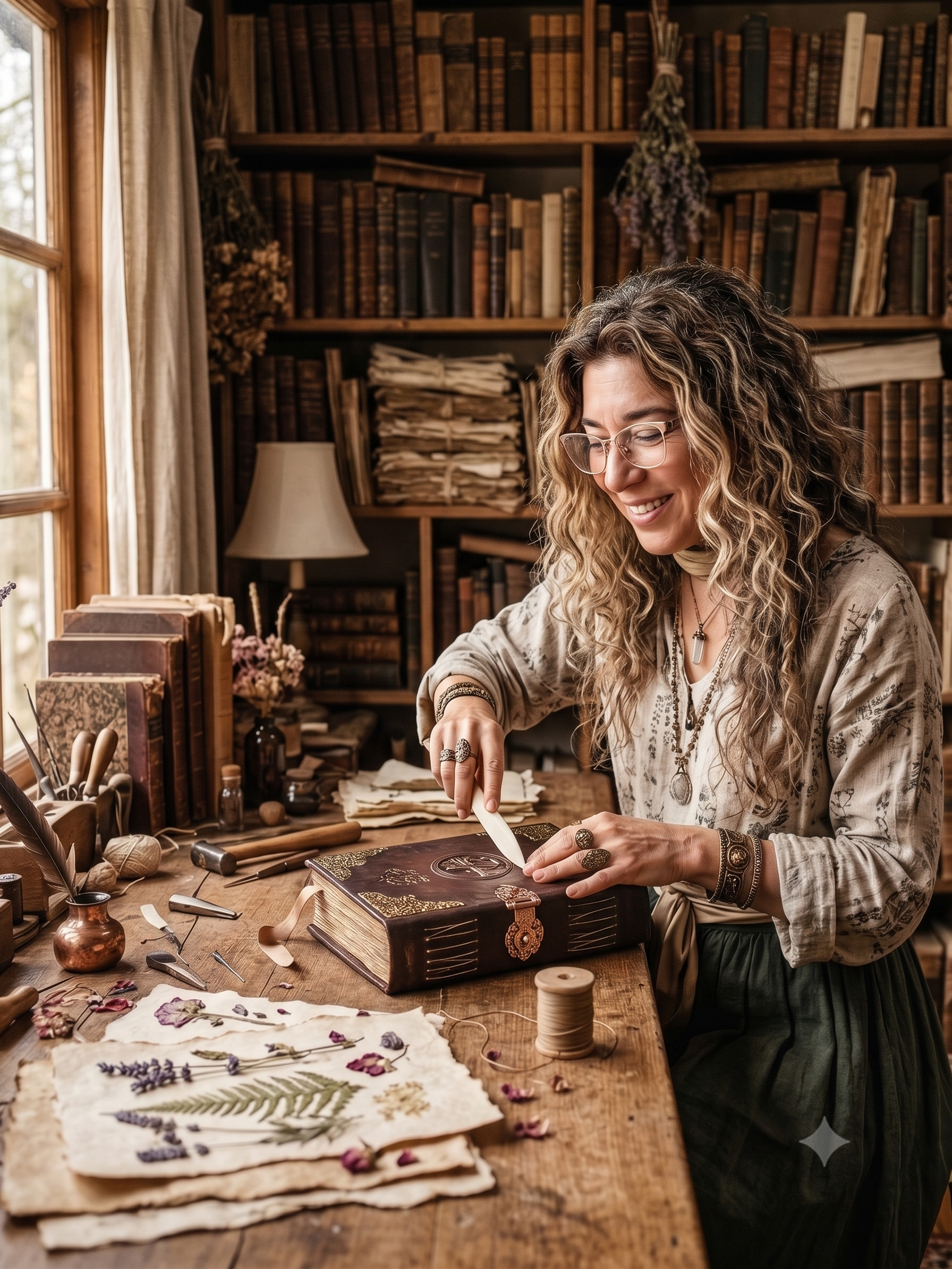 La autora en su Atelier de Encuadernación